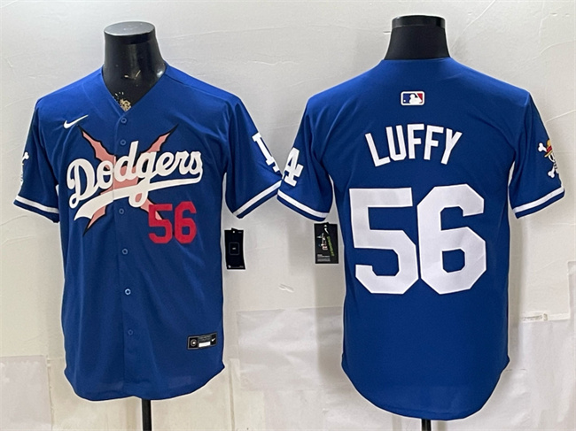 Men's Royal Los Angeles Dodgers x One Piece #56 Luffy Vapor Premier Limited Stitched Baseball Jersey